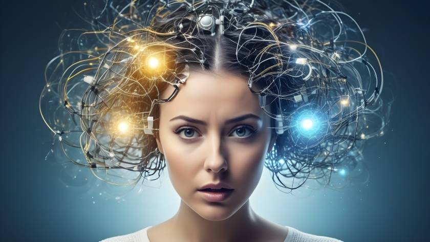 stressed woman creative surreal light artificial intelligence indecision anxious overt thinking light fear