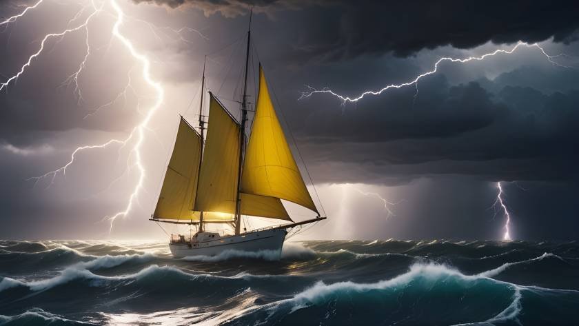 Stormy seas sail boat stars light sun future yellow lightning